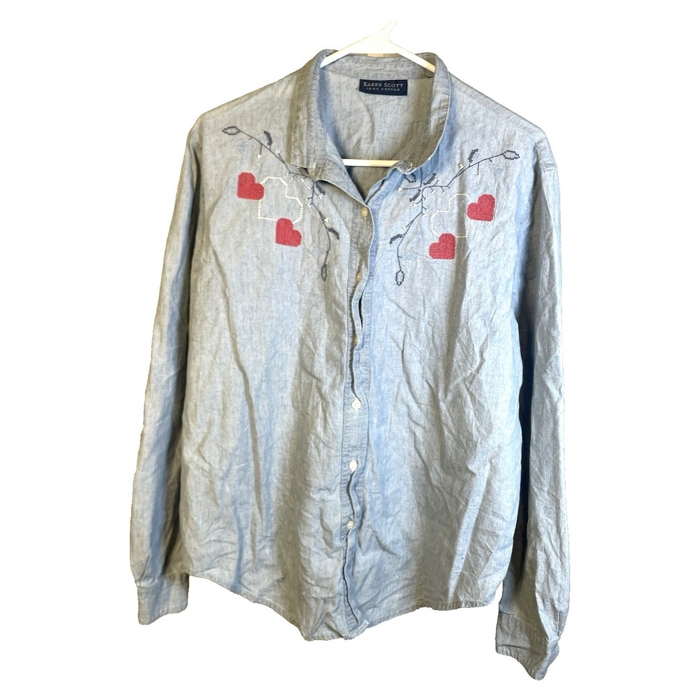 Embroidered Beaded Shirt Women's Small Denim Button up Hearts Karen Scott Cotton
